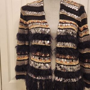 Chicos Funky And Fun Striped Sequin and Feather Sweater Sz 0